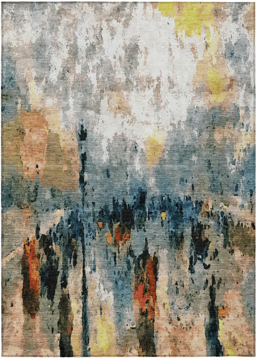 Ivory Yellow Blue And Beige Abstract Washable Indoor Outdoor Area Rug Photo 2