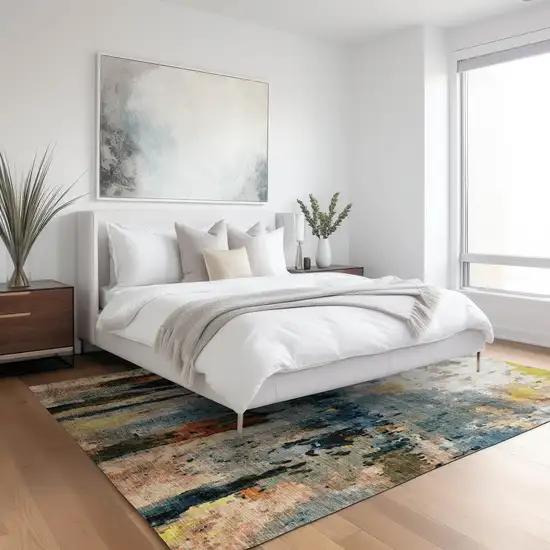 Ivory Yellow Blue And Beige Abstract Washable Indoor Outdoor Area Rug Photo 9