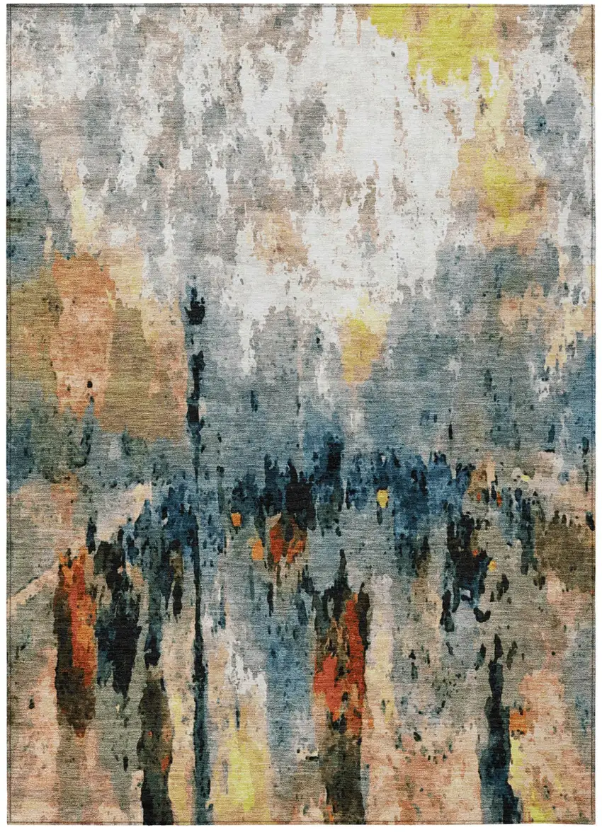 Ivory Yellow Blue And Beige Abstract Washable Indoor Outdoor Area Rug Photo 2