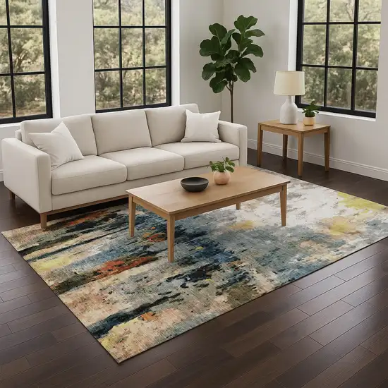 Ivory Yellow Blue And Beige Abstract Washable Indoor Outdoor Area Rug Photo 9