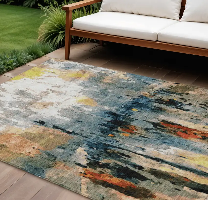 Ivory Yellow Blue And Beige Abstract Washable Indoor Outdoor Area Rug Photo 1