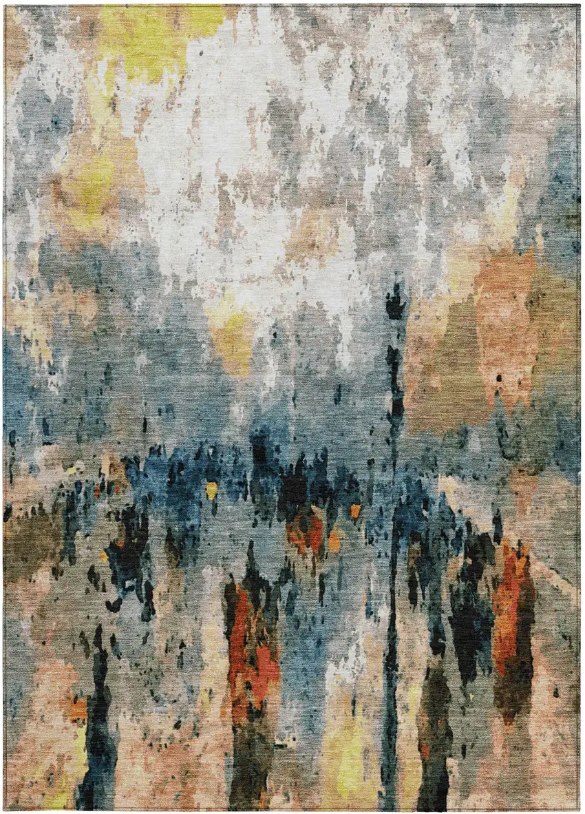 Ivory Yellow Blue And Beige Abstract Washable Indoor Outdoor Area Rug Photo 5