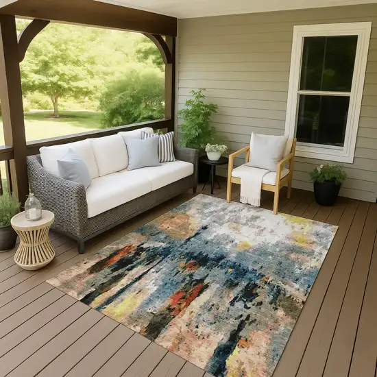 Ivory Yellow Blue And Beige Abstract Washable Indoor Outdoor Area Rug Photo 8