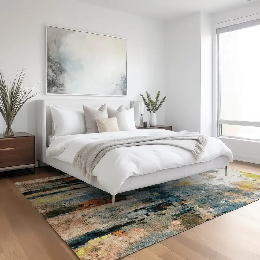 Ivory Yellow Blue And Beige Abstract Washable Indoor Outdoor Area Rug Photo 9