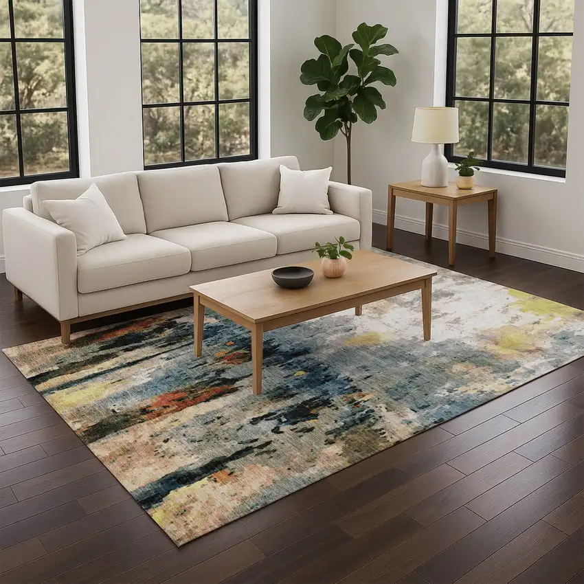 Ivory Yellow Blue And Beige Abstract Washable Indoor Outdoor Area Rug Photo 9