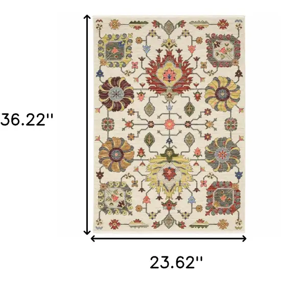 Ivory Yellow Rust Green Grey Pink Orange Blue And Grey Oriental Power Loom Stain Resistant Area Rug With Fringe Photo 3