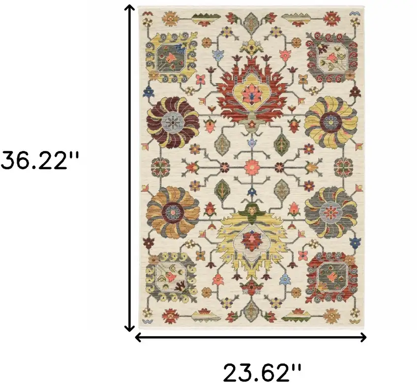 Ivory Yellow Rust Green Grey Pink Orange Blue And Grey Oriental Power Loom Stain Resistant Area Rug With Fringe Photo 3