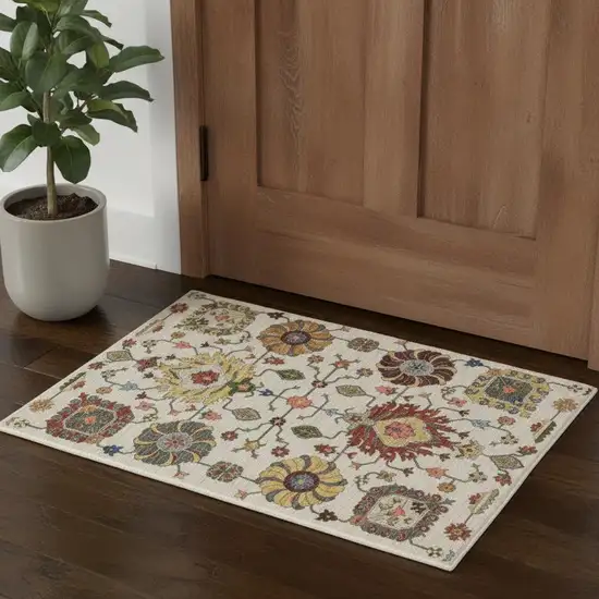 Ivory Yellow Rust Green Grey Pink Orange Blue And Grey Oriental Power Loom Stain Resistant Area Rug With Fringe Photo 1