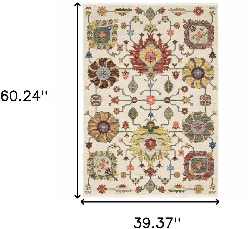 Ivory Yellow Rust Green Grey Pink Orange Blue And Grey Oriental Power Loom Stain Resistant Area Rug With Fringe Photo 3