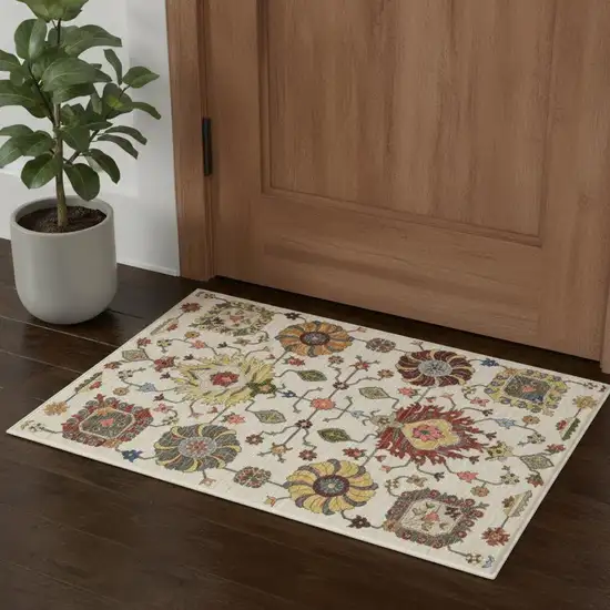 Ivory Yellow Rust Green Grey Pink Orange Blue And Grey Oriental Power Loom Stain Resistant Area Rug With Fringe Photo 1