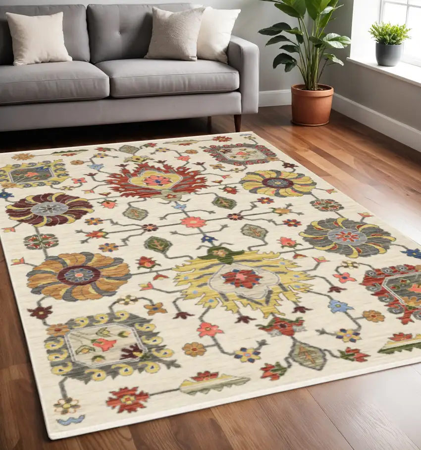 Ivory and Blue Oriental Power Loom Area Rug With Fringe Photo 1