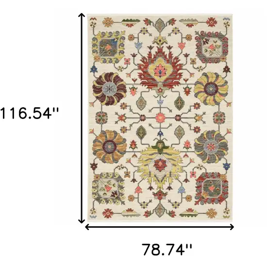 6' X 9' Ivory Yellow Rust Green Grey Pink Orange Blue And Grey Oriental Power Loom Stain Resistant Area Rug With Fringe Photo 3