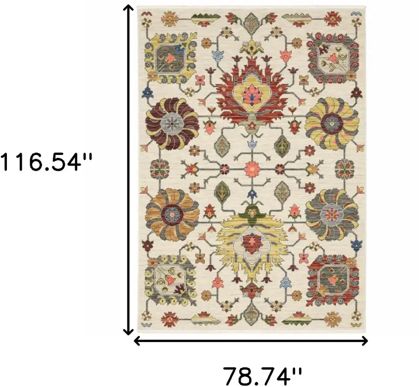 6' X 9' Ivory Yellow Rust Green Grey Pink Orange Blue And Grey Oriental Power Loom Stain Resistant Area Rug With Fringe Photo 3