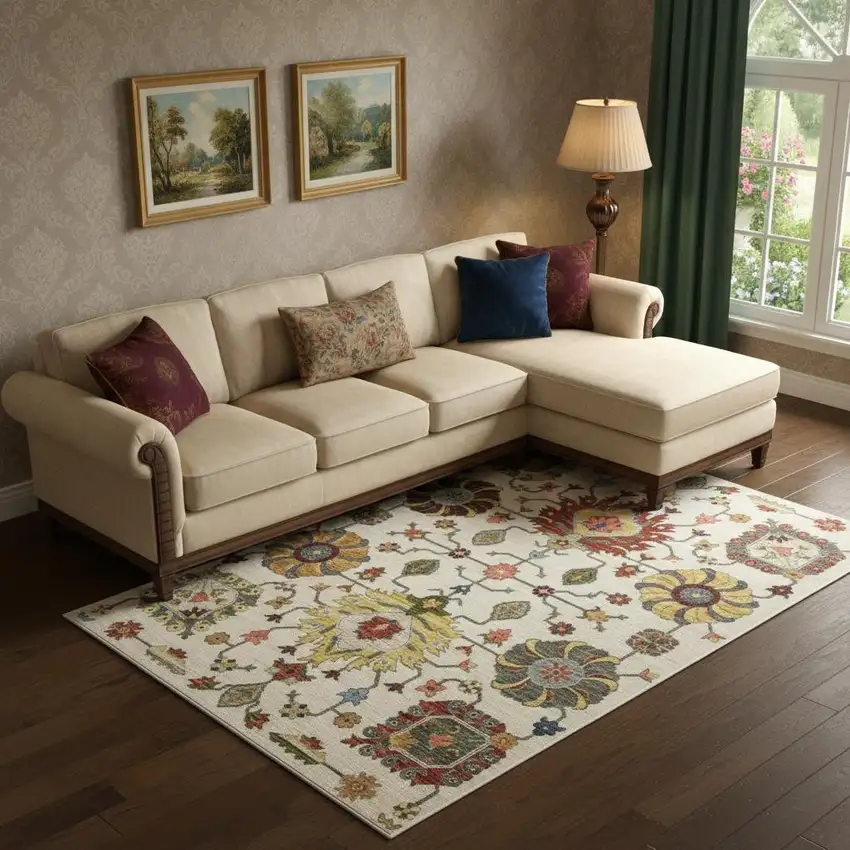 6' X 9' Ivory Yellow Rust Green Grey Pink Orange Blue And Grey Oriental Power Loom Stain Resistant Area Rug With Fringe Photo 1