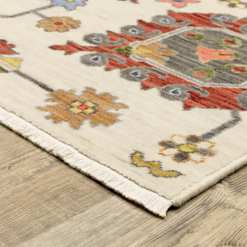 Ivory Yellow Rust Green Grey Pink Orange Blue And Grey Oriental Power Loom Stain Resistant Area Rug With Fringe Photo 6