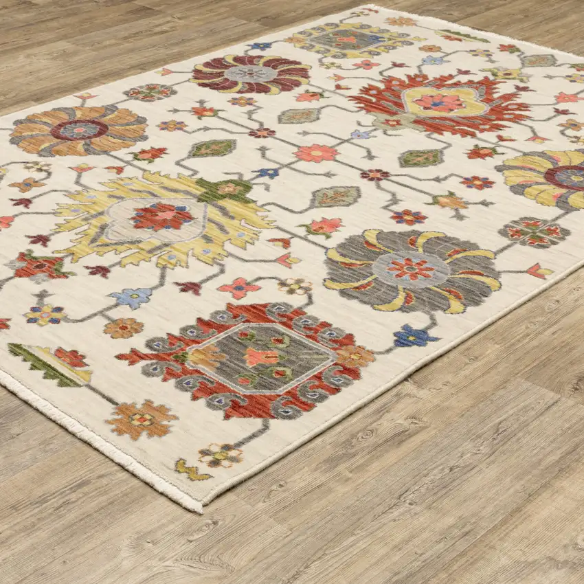 Ivory Yellow Rust Green Grey Pink Orange Blue And Grey Oriental Power Loom Stain Resistant Area Rug With Fringe Photo 7