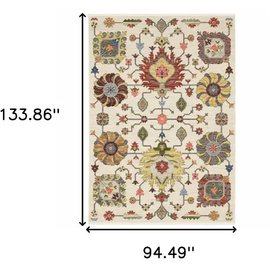 Ivory Yellow Rust Green Grey Pink Orange Blue And Grey Oriental Power Loom Stain Resistant Area Rug With Fringe Photo 3