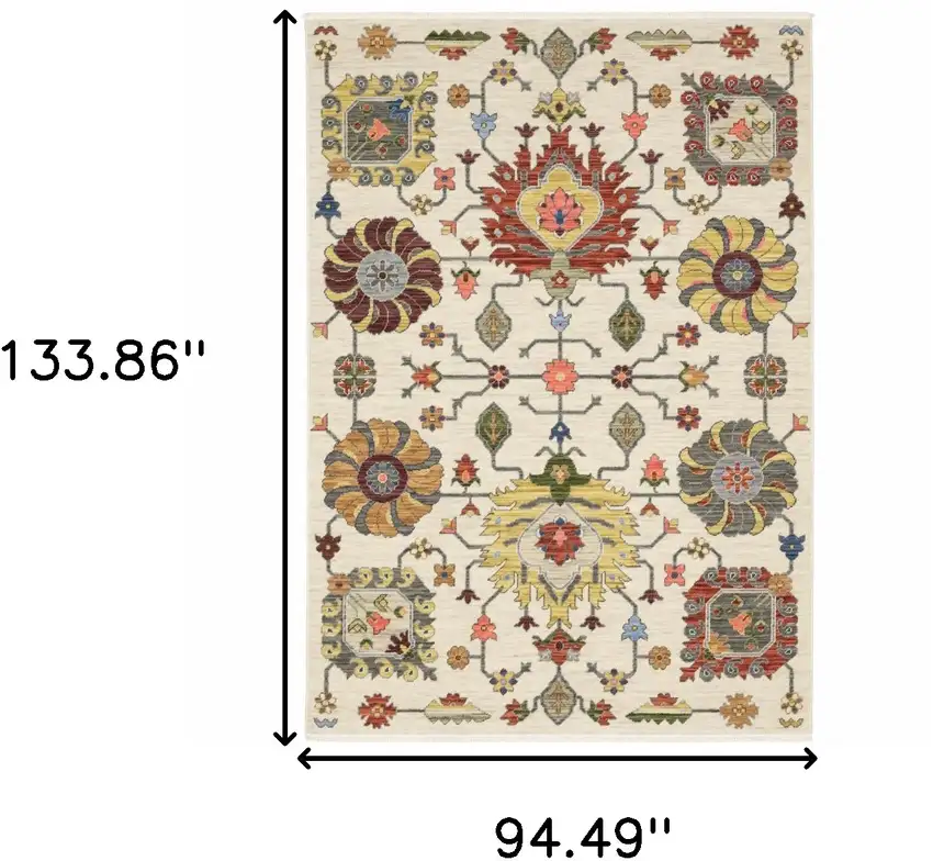 Ivory Yellow Rust Green Grey Pink Orange Blue And Grey Oriental Power Loom Stain Resistant Area Rug With Fringe Photo 3