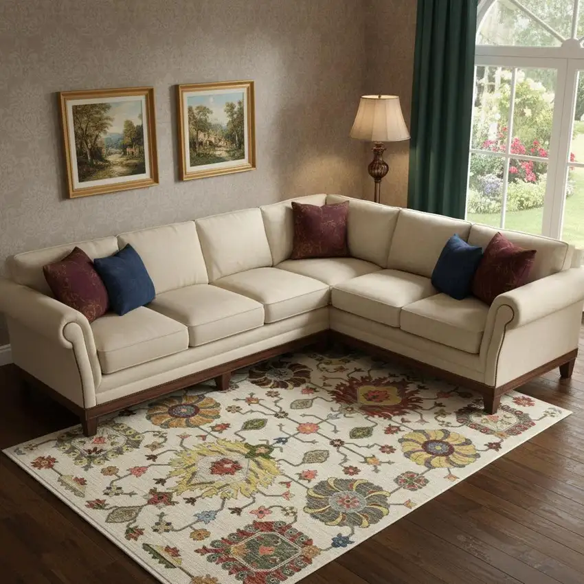 Ivory Yellow Rust Green Grey Pink Orange Blue And Grey Oriental Power Loom Stain Resistant Area Rug With Fringe Photo 1