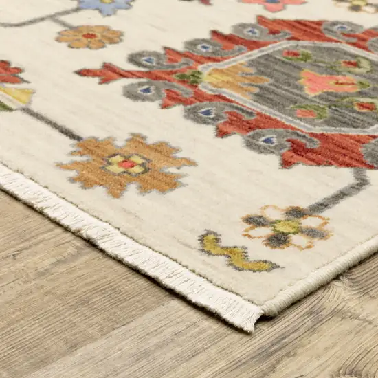 Ivory Yellow Rust Green Grey Pink Orange Blue And Grey Oriental Power Loom Stain Resistant Area Rug With Fringe Photo 6