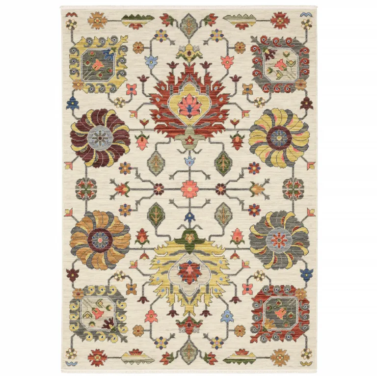 Ivory Yellow Rust Green Grey Pink Orange Blue And Grey Oriental Power Loom Stain Resistant Area Rug With Fringe Photo 1