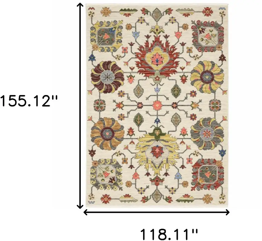 Ivory Yellow Rust Green Grey Pink Orange Blue And Grey Oriental Power Loom Stain Resistant Area Rug With Fringe Photo 3