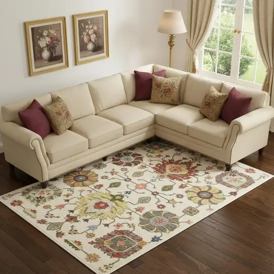 Ivory Yellow Rust Green Grey Pink Orange Blue And Grey Oriental Power Loom Stain Resistant Area Rug With Fringe Photo 1