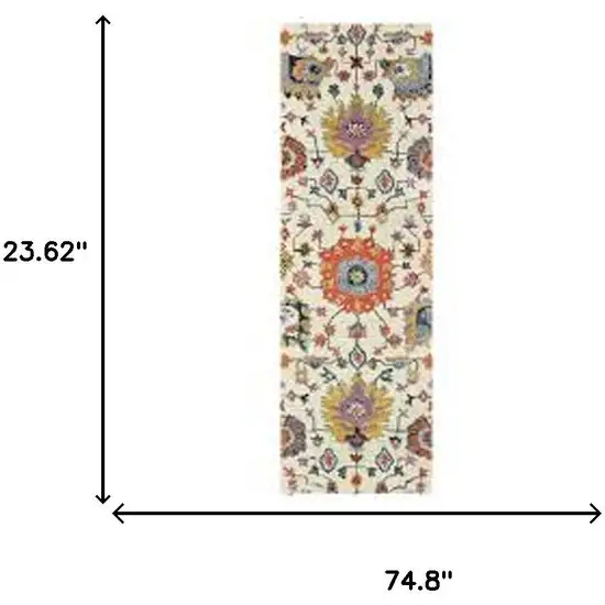 2' X 6' Ivory Yellow Rust Green Grey Pink Orange Blue And Grey Oriental Power Loom Stain Resistant Runner Rug With Fringe Photo 3