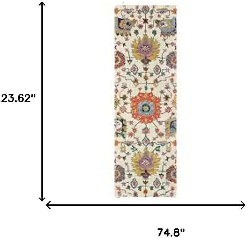 2' X 6' Ivory Yellow Rust Green Grey Pink Orange Blue And Grey Oriental Power Loom Stain Resistant Runner Rug With Fringe Photo 3