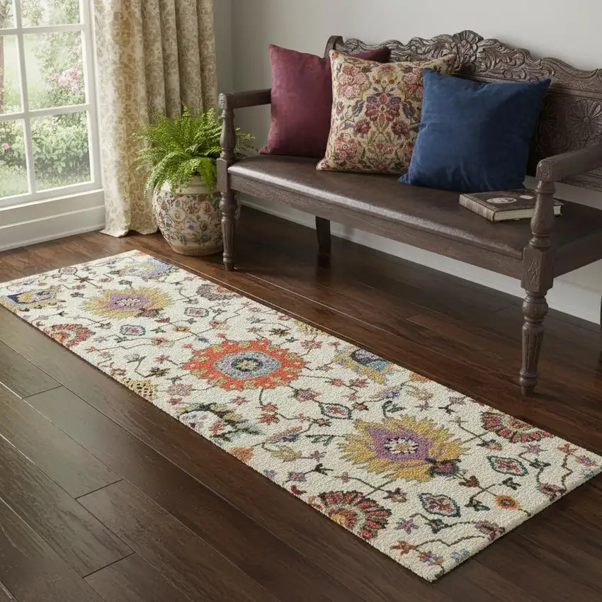 2' X 6' Ivory Yellow Rust Green Grey Pink Orange Blue And Grey Oriental Power Loom Stain Resistant Runner Rug With Fringe Photo 1