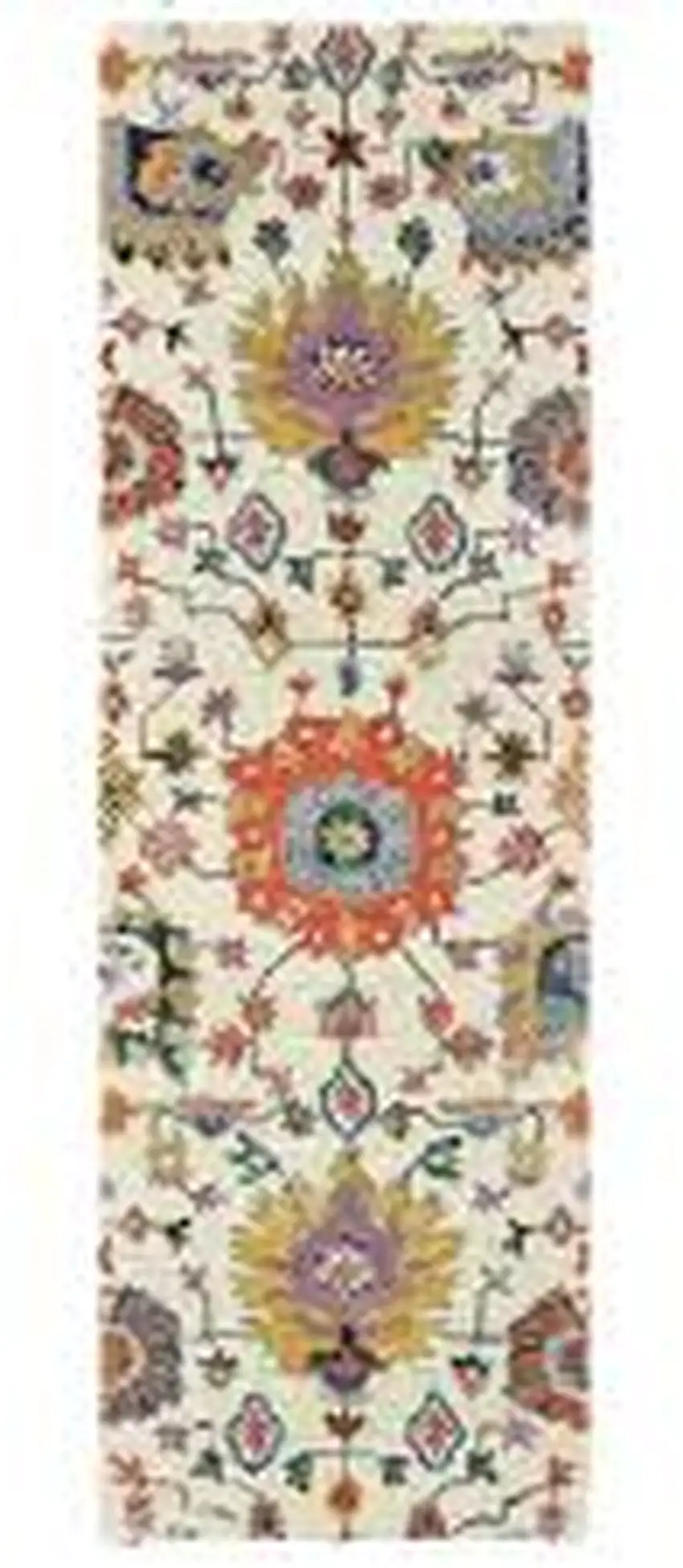 2' X 6' Ivory Yellow Rust Green Grey Pink Orange Blue And Grey Oriental Power Loom Stain Resistant Runner Rug With Fringe Photo 2