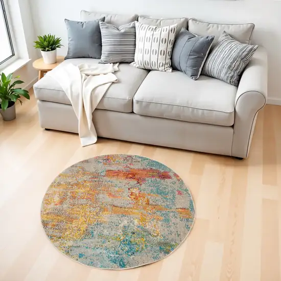 4' Blue And Ivory Abstract Round Rug Photo 1