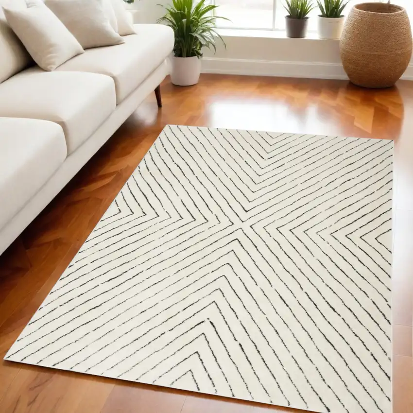 Ivory and Black Abstract Area Rug Photo 1