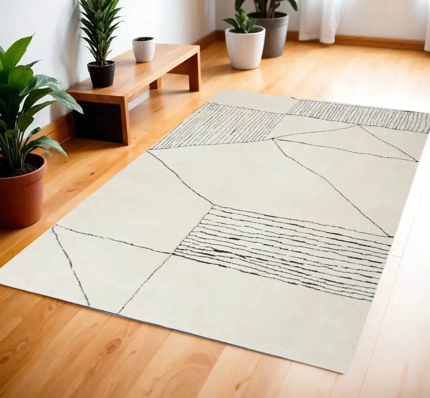 Ivory and Black Abstract Geometric Area Rug Photo 1