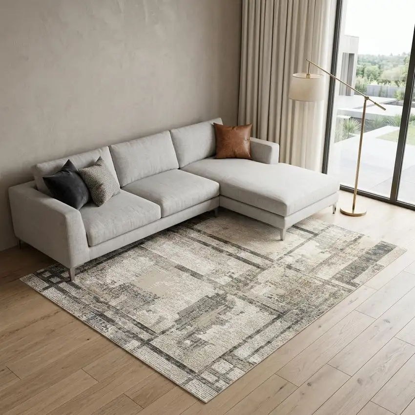 Ivory and Black Abstract Non Skid Area Rug Photo 1