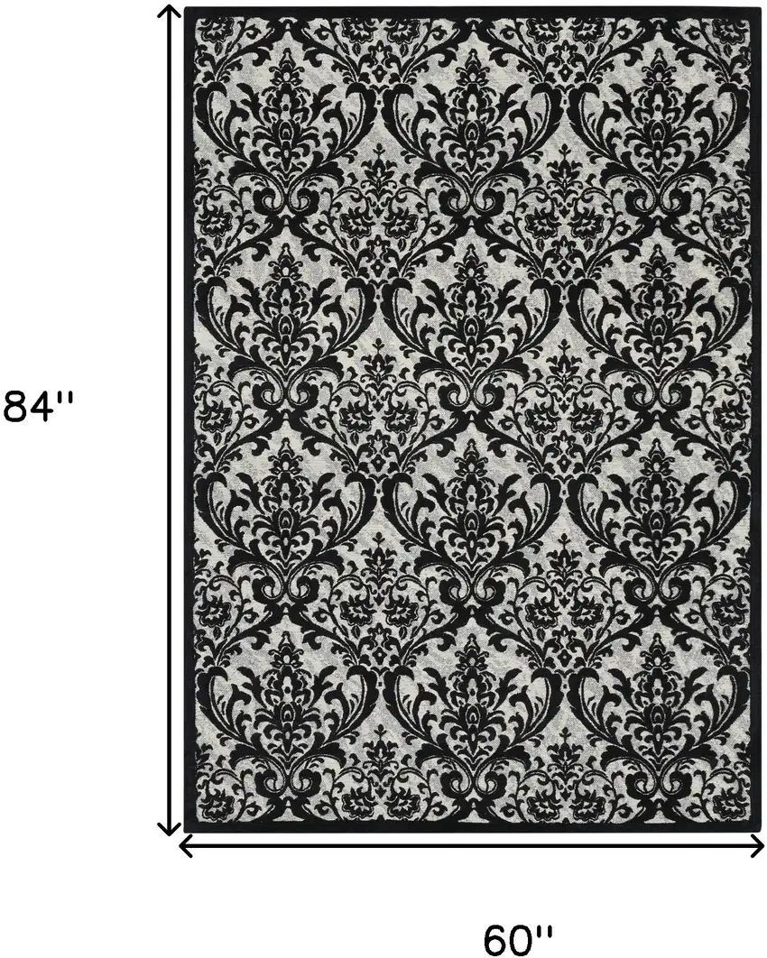 Ivory and Black Damask Distressed Area Rug Photo 3