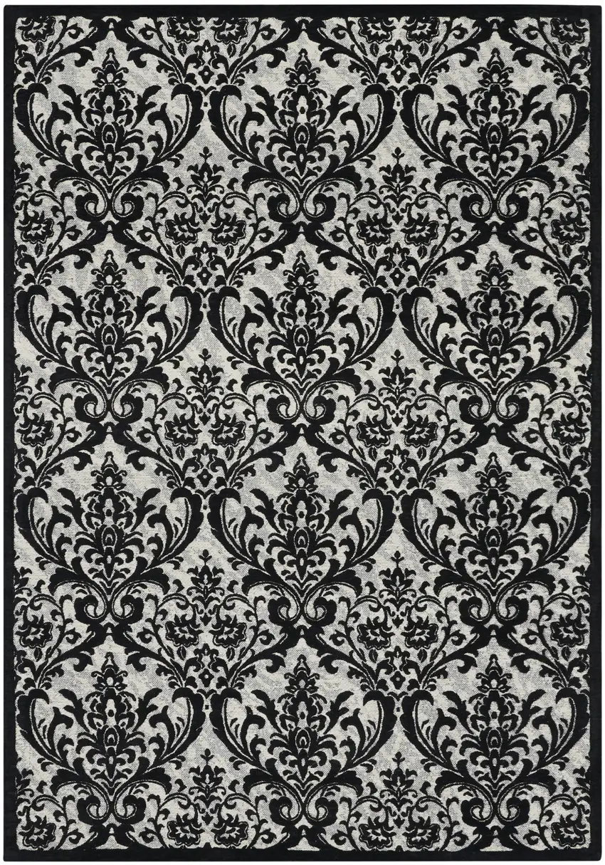 Ivory and Black Damask Distressed Area Rug Photo 2