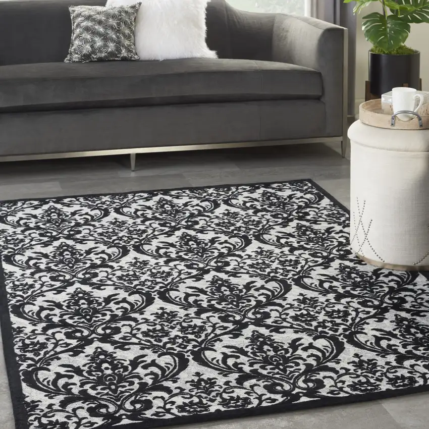 Ivory and Black Damask Distressed Area Rug Photo 7