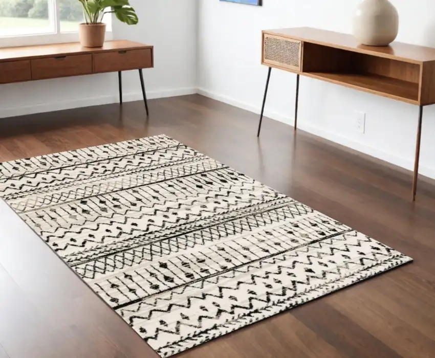 Ivory And Black Eclectic Patterns Indoor Area Rug Photo 2
