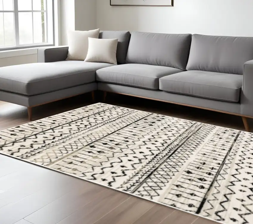 Ivory And Black Abstract Geometric Area Rug Photo 1