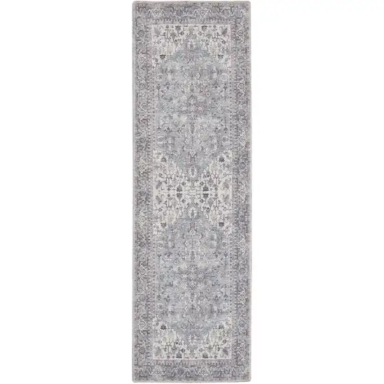 12' Ivory And Black Floral Distressed Runner Rug Photo 1