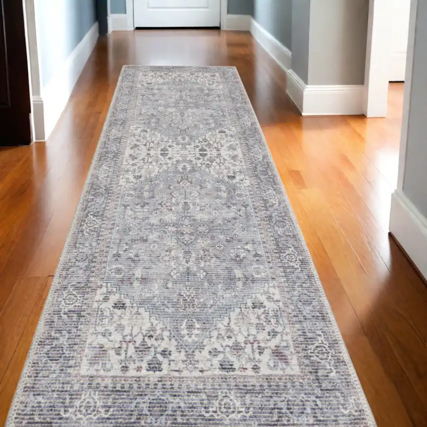Ivory and Black Floral Power Loom Distressed Runner Rug Photo 1