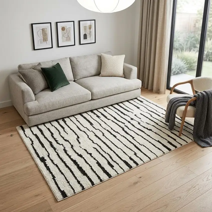 Ivory and Black Geometric Area Rug Photo 1