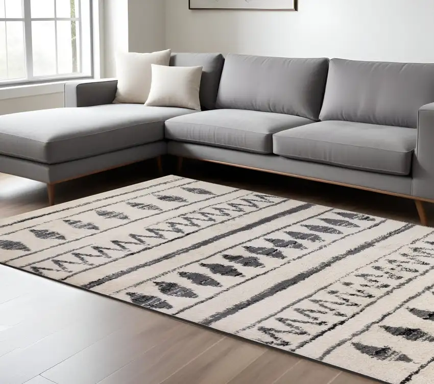 Black and Ivory Geometric Shag Area Rug Photo 1