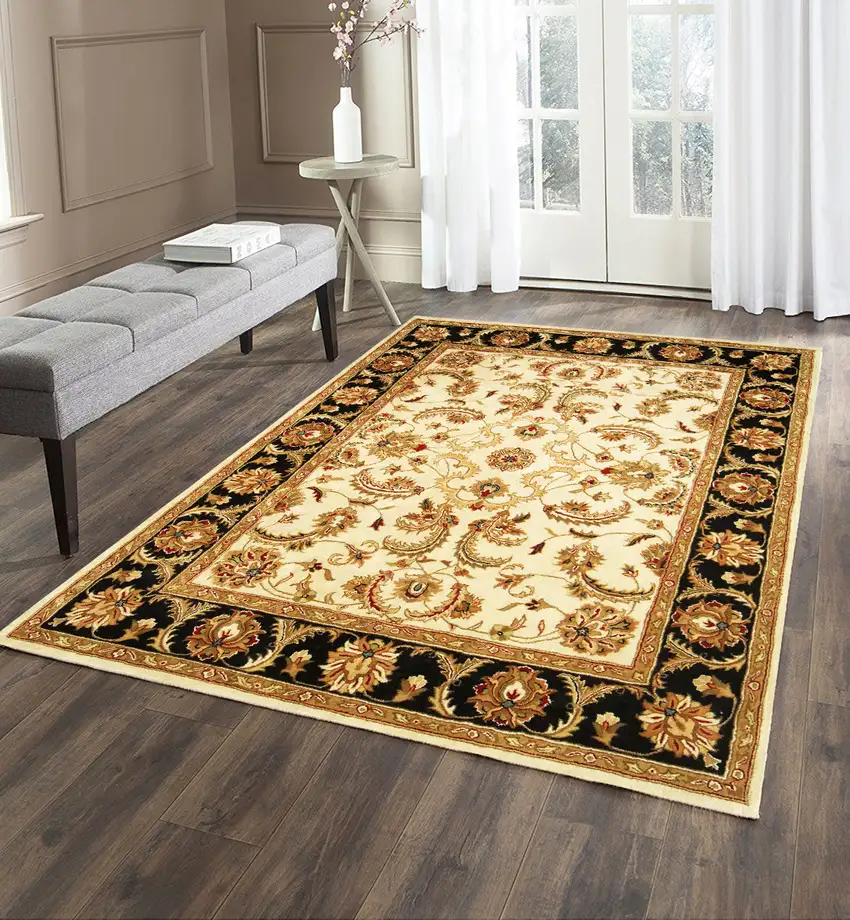 Ivory and Black Oriental Hand Tufted Non Skid Area Rug Photo 7