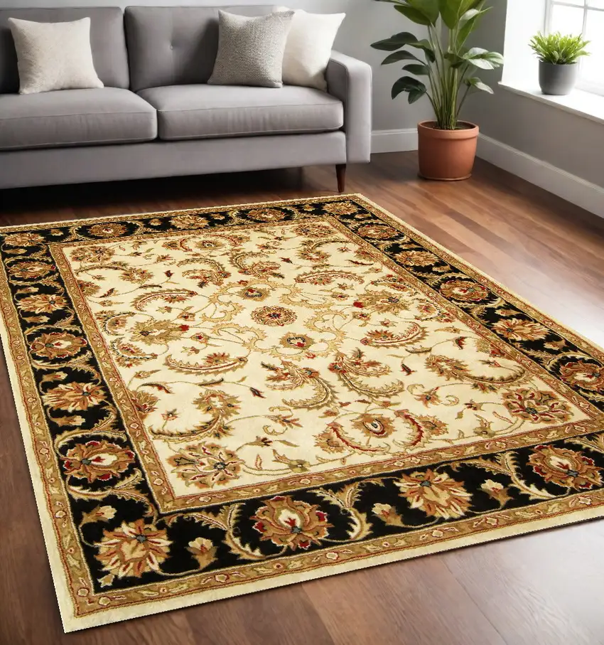Ivory and Black Oriental Hand Tufted Non Skid Area Rug Photo 1