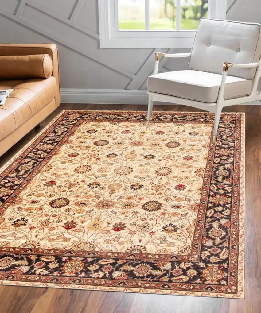 Ivory and Black Oriental Hand Tufted Non Skid Area Rug Photo 7