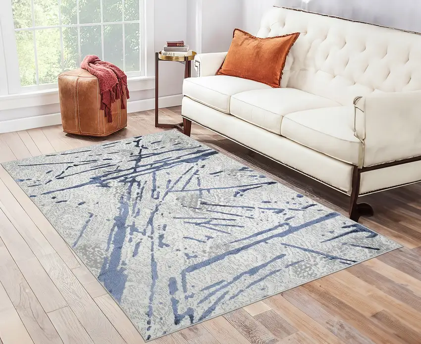 Ivory and Blue Abstract Area Rug Photo 7