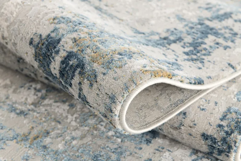 Ivory and Blue Abstract Distressed Area Rug Photo 3