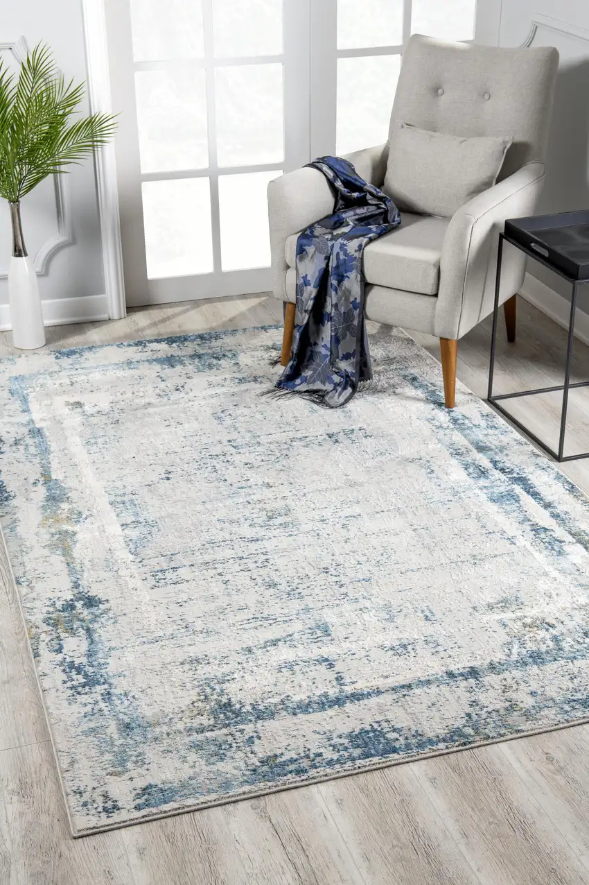 Ivory and Blue Abstract Distressed Area Rug Photo 4